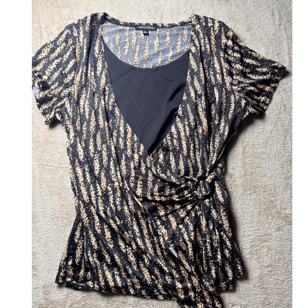 Y2K Notations Womens Black Tan Abstract Print Faux Wrap Top Small Layering